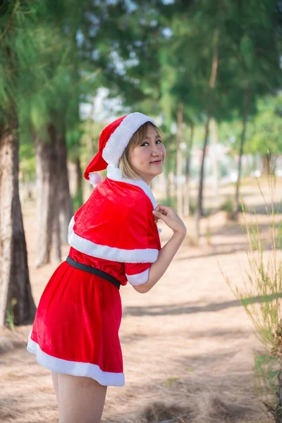 Beautiful Young Asian Woman Santa Claus Clothes Outdoors — Stock Photo, Image