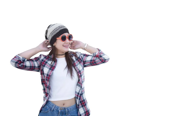 Retrato Bela Ásia Hipster Menina Branco Parede Fundo — Fotografia de Stock