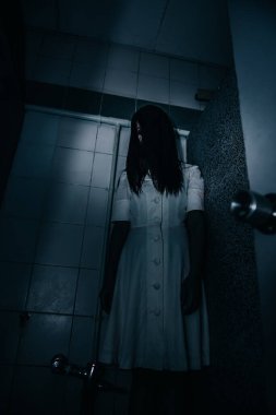 Asyalı kadın portresi kanla, korku sahnesiyle, korkunç geçmişiyle, Cadılar Bayramı posteriyle, Taylandlı insanlarla dolu.