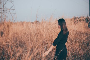 Tarlada yapayalnız bir kadının portresi. Klasik filtre stili. Aşktan kalbi kırık, günbatımı tarzında üzgün kız konsepti.