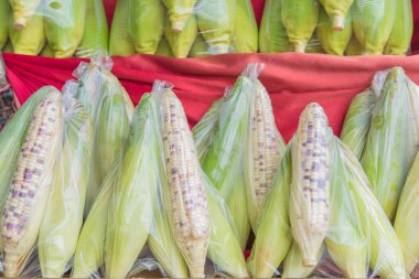 Kırmızı kumaş satışı için taze mısır.