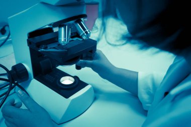 Genç Asyalı bilim adamı bir laboratuarda mikroskoptan bakıyor. Taylandlılar biraz araştırma yapıyor..