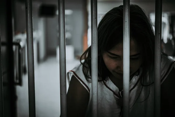 Portrait Woman Desperate Catch Iron Prison Prisoner Concept — Stock Photo, Image