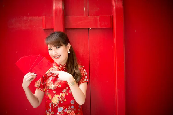 Portrait Beautiful Asian Woman Cheongsam Dress Thailand People Happy Chinese — Stok Foto