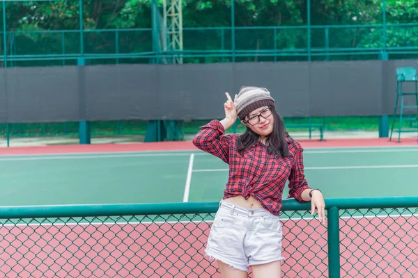 Portrait Asian Hipster Girl Tennis Court Thailand People Wear Glasses — Stock Photo, Image