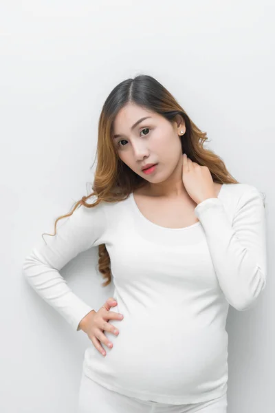 Pregnant Woman White Dress Standing Holding Her Belly — 스톡 사진