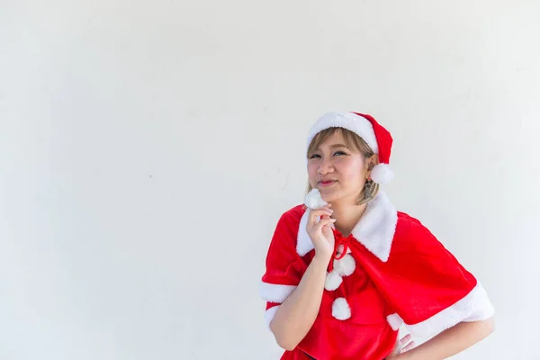 Belle Jeune Femme Asiatique Dans Les Vêtements Père Noël Sur — Photo