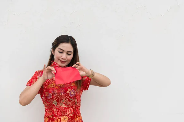 Frohes Chinesisches Neues Jahr Porträt Einer Asiatischen Frau Hat Roten — Stockfoto