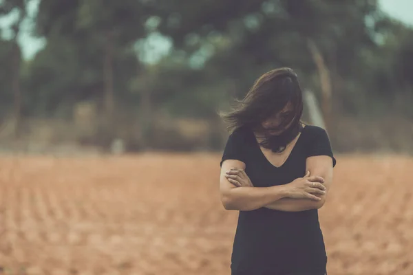 Asiático Menina Bonita Sentir Sozinho Floresta Sad Conceito Mulher Tailândia — Fotografia de Stock