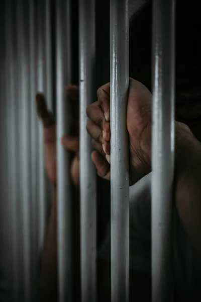 Hands Men Desperate Catch Iron Prison Prisoner Concept Thailand People — Stock Photo, Image