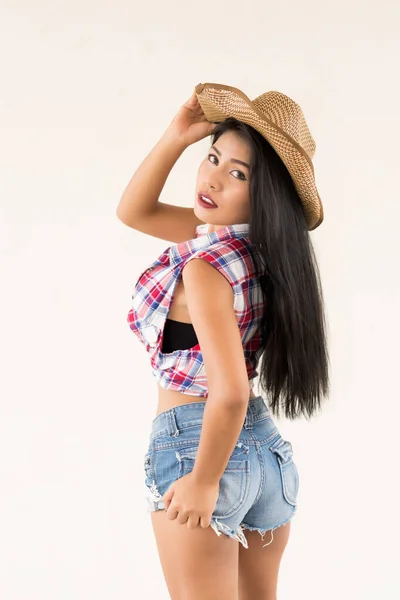 Portré Ázsiai Szexi Cowgirl Stílus Pózol Hogy Egy Fotó Szépség — Stock Fotó