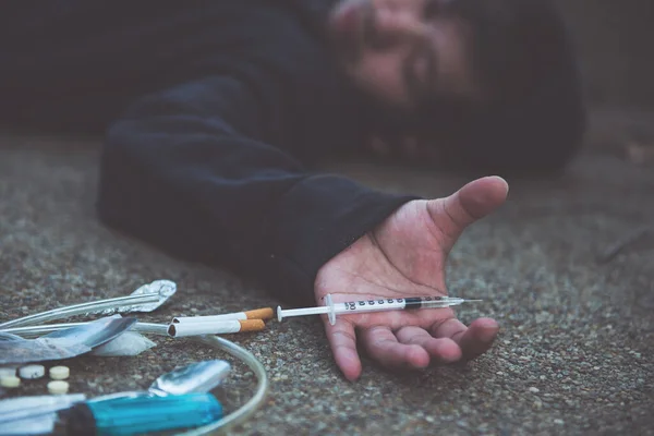 Asian Man Wear Black Hood Desperate Drug Addict Drug Overdose — Stock Photo, Image