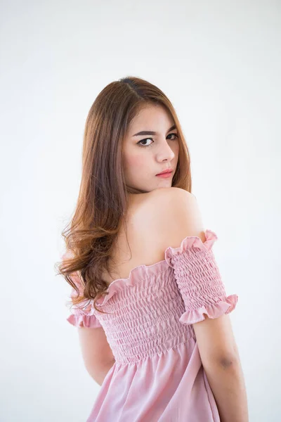 Retrato Bela Mulher Asiática Fundo Branco Tailândia Pessoas Menina Bonita — Fotografia de Stock
