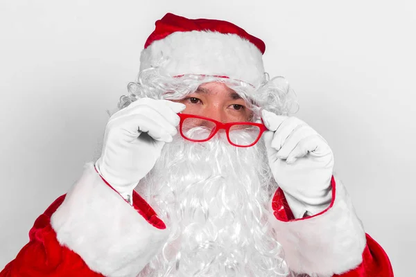 Porträtt Jultomten Vit Bakgrund God Jul Koncept — Stockfoto