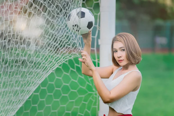 Portrait Sexy Asian Woman Wear Soccer Player Dress World Cup — Stok Foto