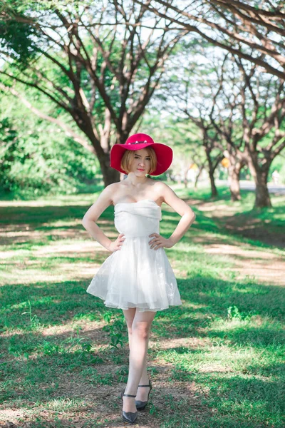 Portrait Beautiful Thai Woman White Dress Gold Hairs Wear Red — 图库照片