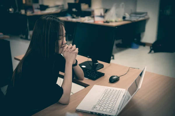 asian officer woman thinking about work but she not have idea,sad woman concept