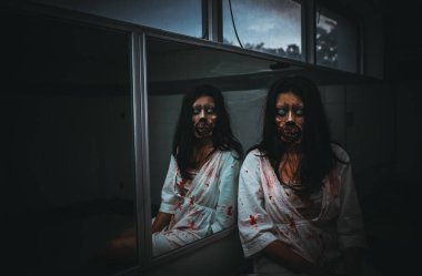 Asyalı kadın portresi kanla, korku sahnesiyle, korkunç geçmişiyle, Cadılar Bayramı posteriyle, Taylandlı insanlarla dolu.