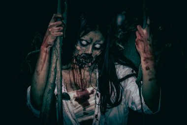 Asyalı kadın portresi kanla, korku sahnesiyle, korkunç geçmişiyle, Cadılar Bayramı posteriyle, Taylandlı insanlarla dolu.