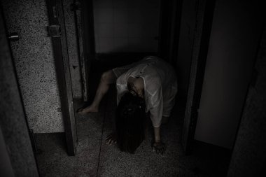 Asyalı kadın portresi hayalet yüzü, korku sahnesi, korkunç arka plan, Cadılar Bayramı posteri.