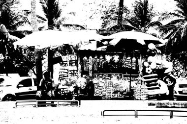 Hediyelik eşya dükkanının siyah beyaz fotoğrafı.