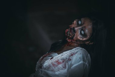 Asyalı kadın portresi kanla, korku sahnesiyle, korkunç geçmişiyle, Cadılar Bayramı posteriyle, Taylandlı insanlarla dolu.