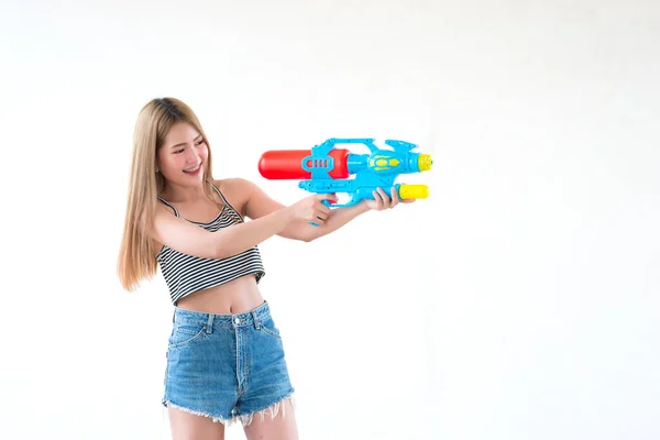 Asian Beautiful Woman Gun Water Hand White Background Festival Songkran — стокове фото