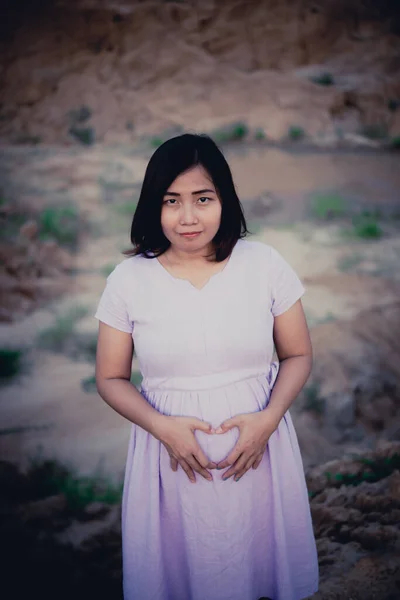 Όμορφη Ασιατική Έγκυος Γυναίκα Κάνει Χέρι Σχήμα Καρδιά Στην Κοιλιά — Φωτογραφία Αρχείου