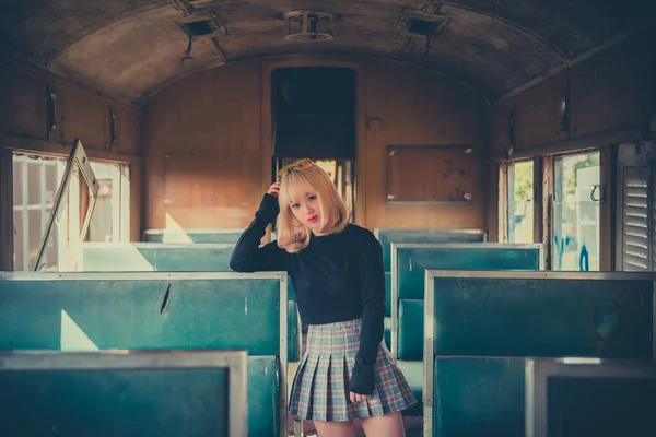 Portrait Asian Woman Golden Hair Pose Take Photo Old Train — стокове фото