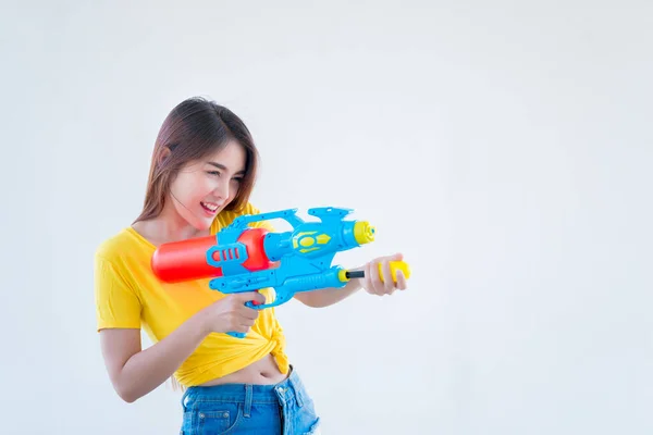 Asian Woman Water Hand White Background Festival Songkran Day Thailand — стокове фото