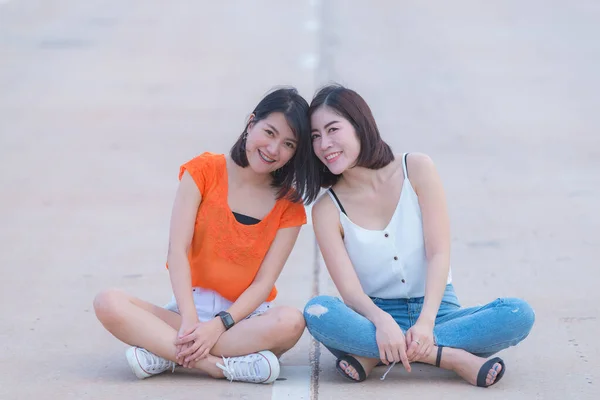 Portrait Two Beautiful Asian Women Lifestyle Modern Girl Image Young — Stock Photo, Image