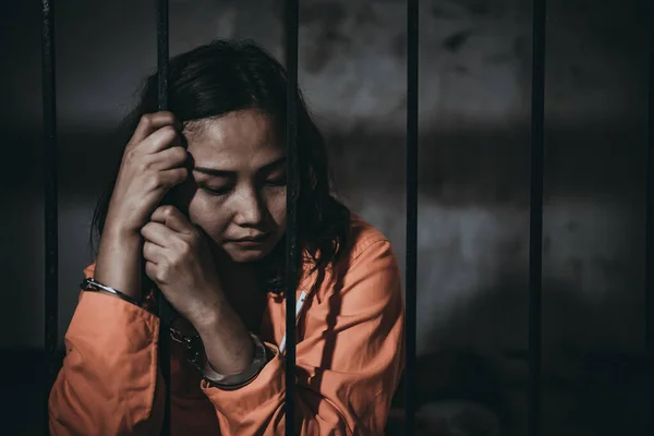 Portrait Women Desperate Catch Iron Prison Prisoner Concept — Stock Photo, Image