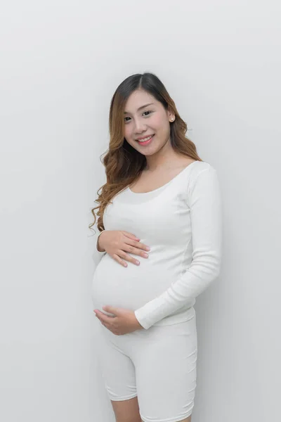 Pregnant Woman White Dress Use Hand Touch Her Belly White — Stock Photo, Image