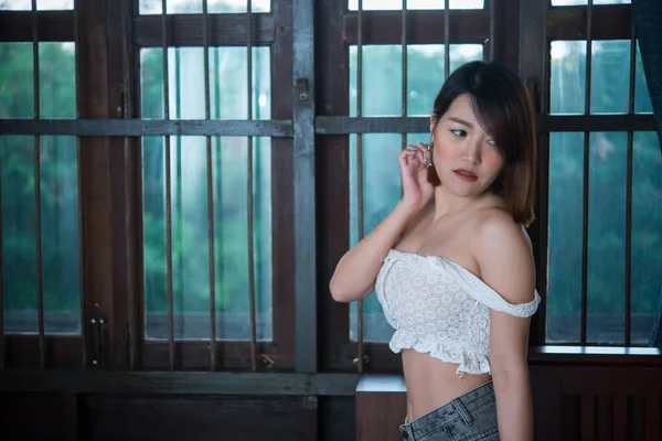 Porträt Der Schönen Asiatischen Sexy Frau Schlafzimmer Thailändische Menschen Posieren — Stockfoto