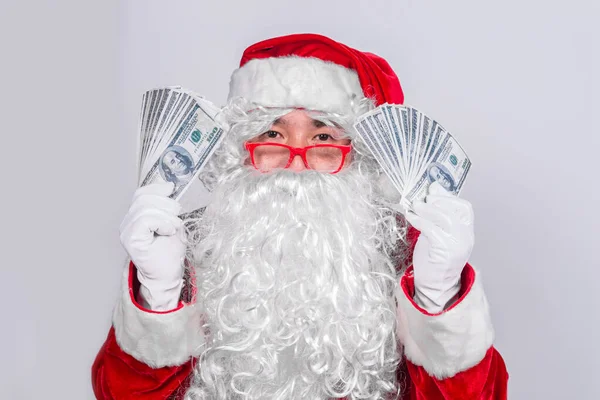 Dubbele Blootstelling Kerstman Heeft Veel Geld Dollar — Stockfoto