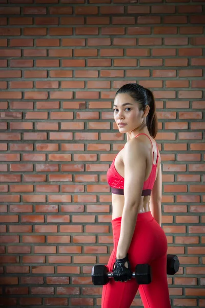 Close Asian Beautiful Sportswoman Wear Sport Bra Wall Gym Thailand — Stock Photo, Image