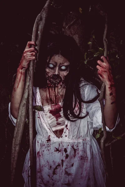 Портрет Азійської Жінки Зображає Обличчя Привида Кров Сценою Жахів Страшним — стокове фото