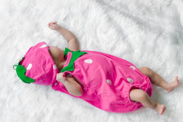 Closeup Baby Strawberry Dress Mink Cloths — Stock Photo, Image