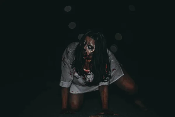 Portret Van Aziatische Vrouw Make Spook Gezicht Horror Scene Enge — Stockfoto