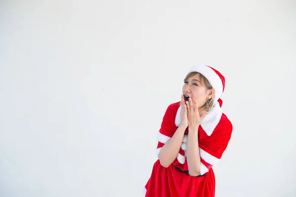 Bela Jovem Ásia Mulher Santa Claus Roupas Branco Fundo — Fotografia de Stock