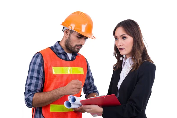 Engenheiro Asiático Mulher Negócios Trabalhando Juntos Fundo Branco Pessoas Tailândia — Fotografia de Stock