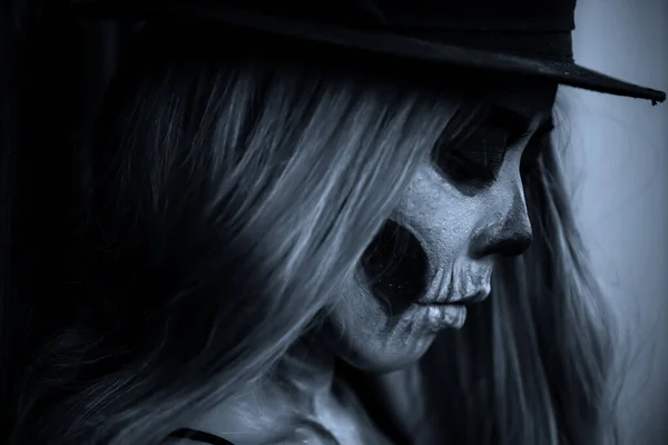 Portret Van Vrouw Make Spookgezicht Mexico Citys Day Dead Parade — Stockfoto