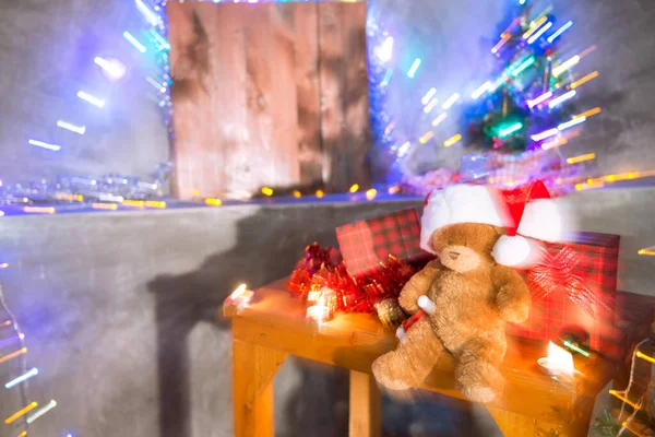 Homályos Teddy Maci Baba Viselni Karácsonyi Kalap Díszíteni Karácsonyi Háttér — Stock Fotó
