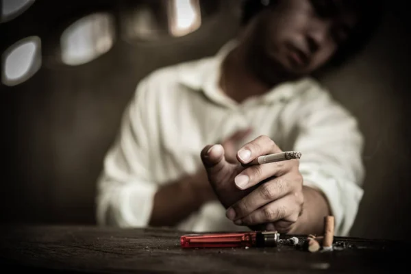 Asiático Stress Homem Fumar Sem Tabaco Conceito Dia — Fotografia de Stock