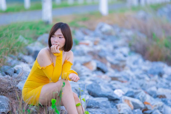 Portrait Beautiful Asian Woman Wear Yellow Dress Field Thailand People — Stock Photo, Image