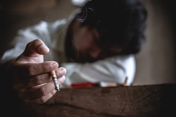 Asiático Stress Homem Fumar Sem Tabaco Conceito Dia — Fotografia de Stock