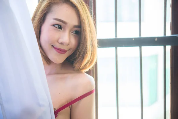 Porträt Der Schönen Asiatischen Sexy Frau Schlafzimmer Thailand — Stockfoto