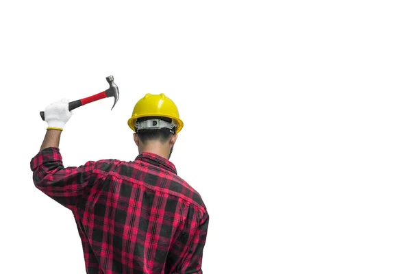 Técnico Usar Capacete Com Chave Mão Isolar Fundo Branco Pessoas — Fotografia de Stock