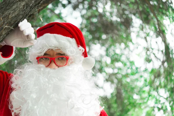 Porträt Des Weihnachtsmannes Auf Bokeh Licht Unter Dem Baum Frohe — Stockfoto