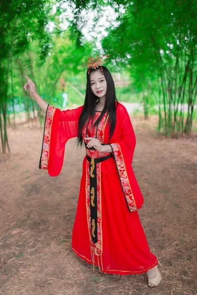 Portrait Beautiful Asian Woman Wear Ancient Chinese Dress Style Bamboo — Stok Foto